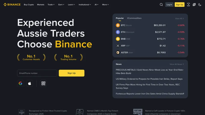 Binance home page for Australian visitors