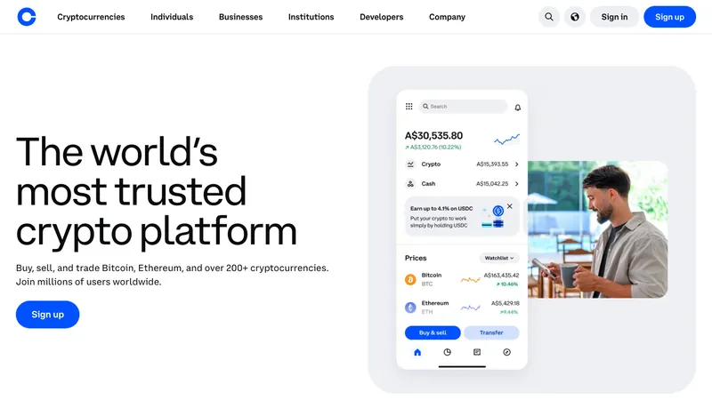 Coinbase home page for Australian visitors