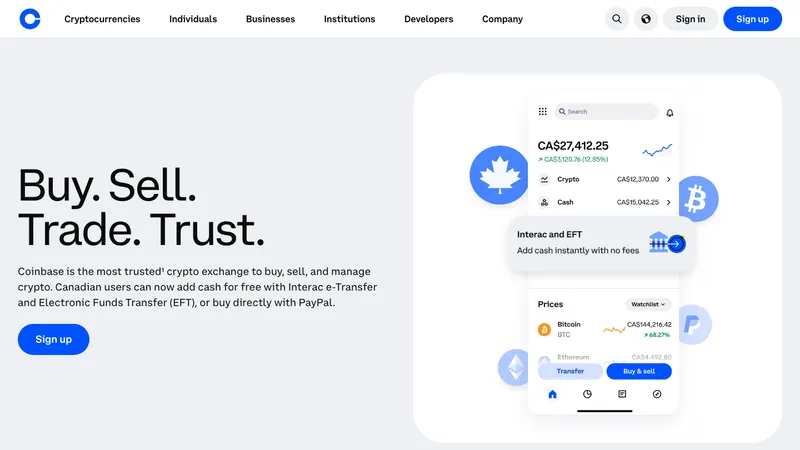Coinbase home page for Canadian visitors
