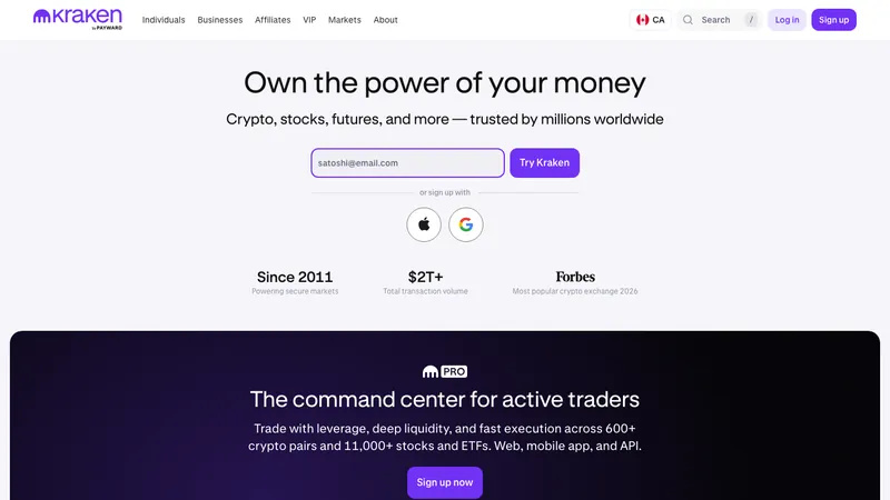 Kraken home page for Canadian visitors