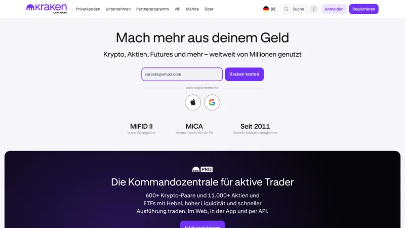 Kraken home page for visitors in Germany