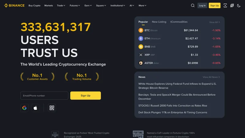 Binance home page for visitors in Switzerland