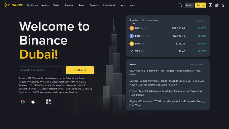 Binance home page for UAE visitors