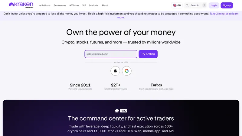 Kraken home page for UK visitors