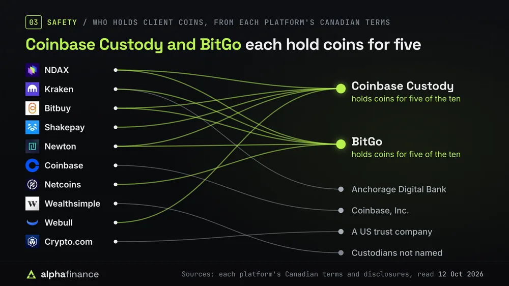 Who holds client coins at each of the ten, from their Canadian terms: Coinbase Custody for NDAX, Bitbuy, Shakepay, Newton and Webull, BitGo for NDAX, Kraken, Bitbuy, Newton and Netcoins, Anchorage Digital Bank for Kraken, Coinbase, Inc. for Coinbase, a US trust company for Crypto.com, and custodians not named for Wealthsimple